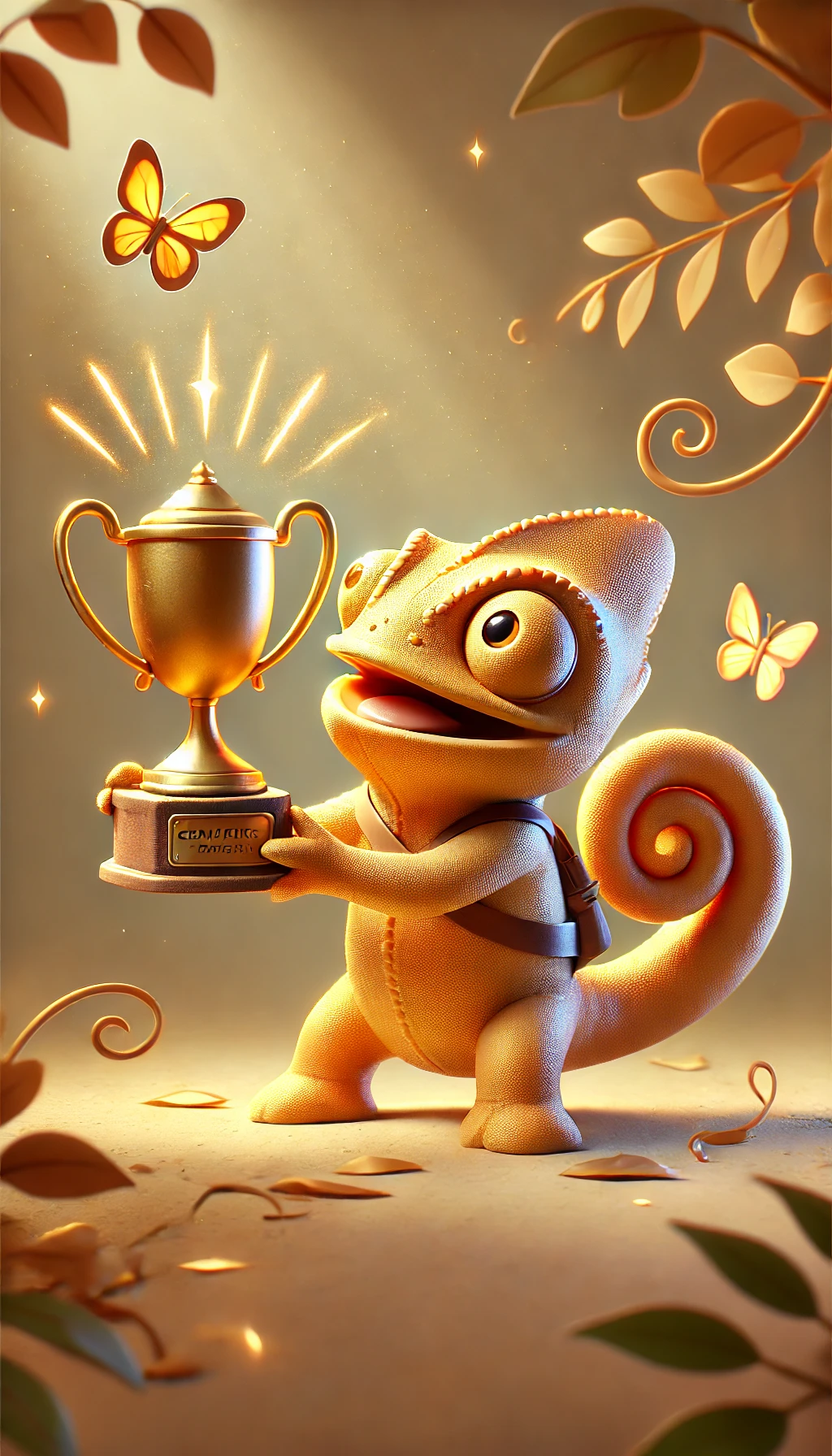 DALL·E 2024-12-13 19.42.51 - A 3D Claymation-style image of a whimsical chameleon character named Clay in a celebratory moment, having received a glowing golden trophy for complet